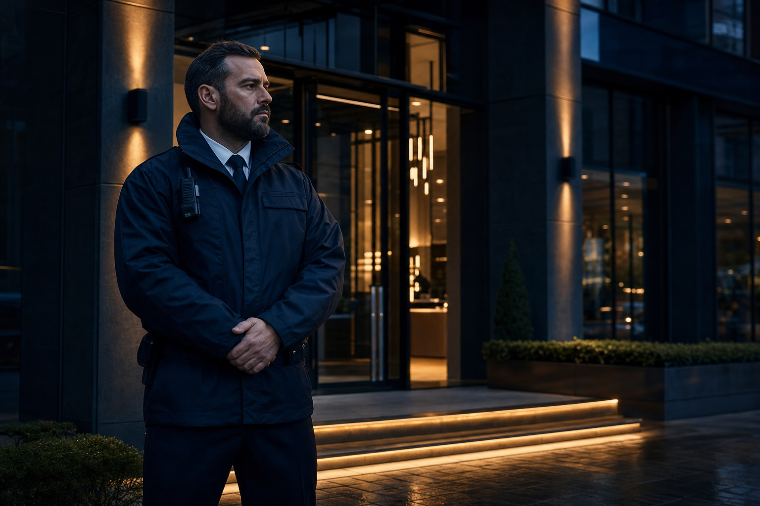 Security officer on duty at a commercial building entrance