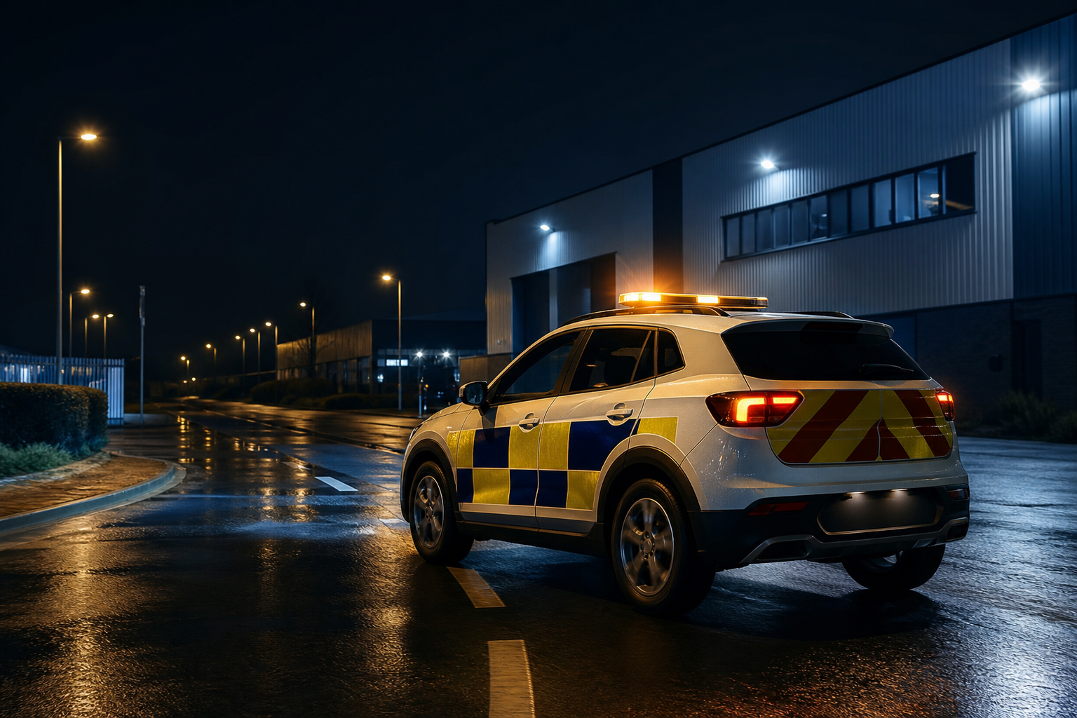 Marked security patrol vehicle on a night patrol route